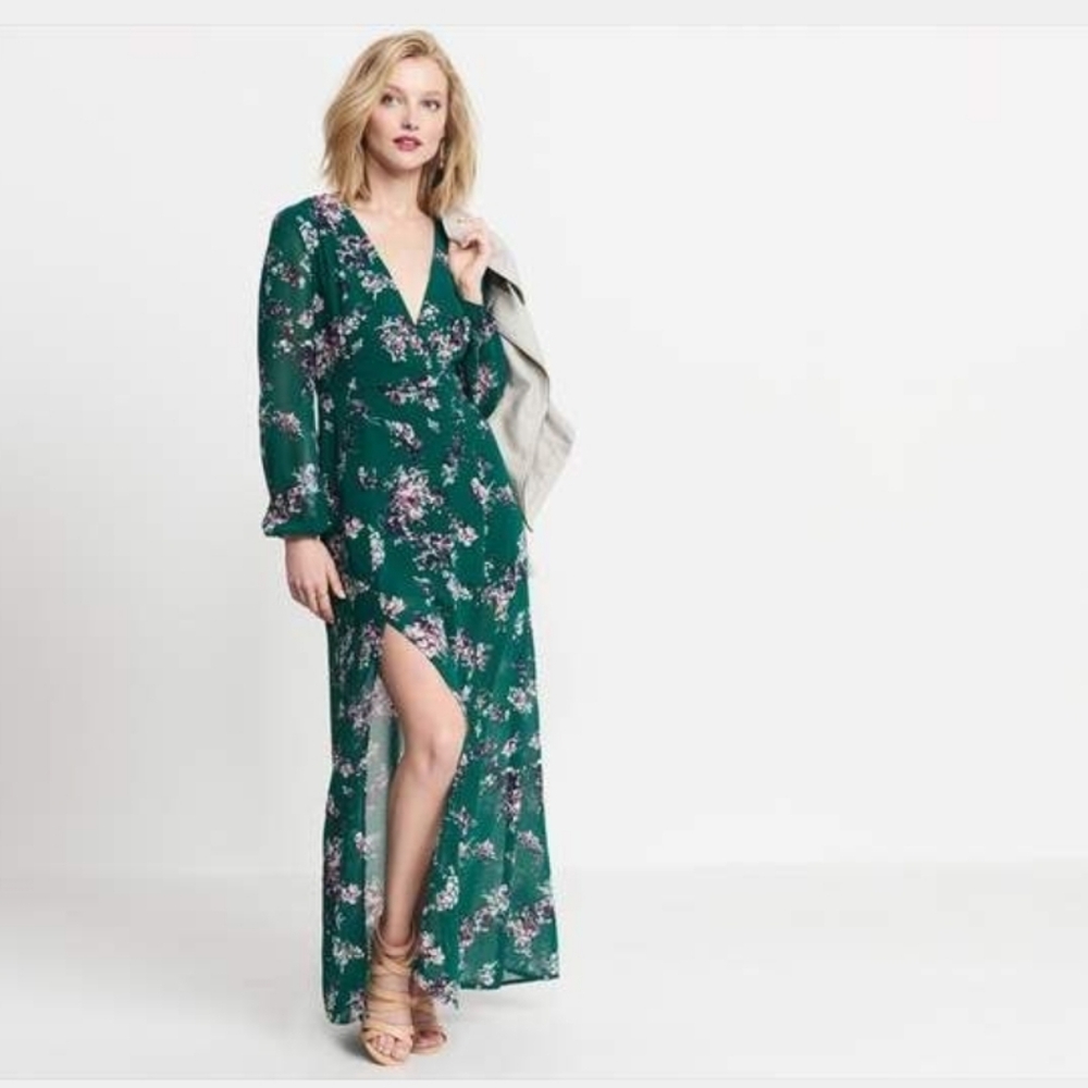 Dynamite Women's Maxi Dress Floral Green Leg Slit Sheer V Neck Size Large